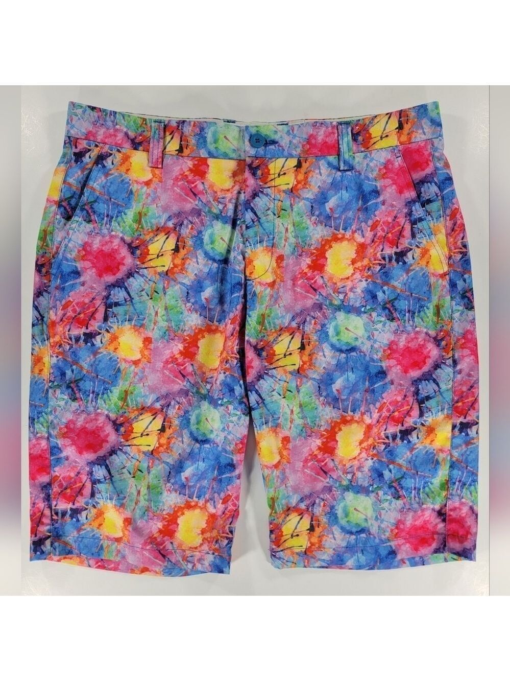 Hreski Golf Shorts Men 34 Multicolored Paint Splatter 10” Stretch Performance